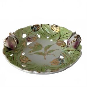 Antique Italian porcelain floral decorative dish with gold trim.